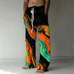 Men's Lava Galaxy Flame Print Drawstring Wide Leg Pants, Psychedelic Straight Pants for Spring & Summer