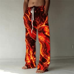 Men's Lava Galaxy Flame Print Drawstring Wide Leg Pants, Psychedelic Straight Pants for Spring & Summer