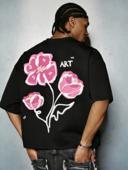 Men's Street Style Floral Foam Print Element Black Cropped T-Shirt for Outings Outdoor Music Festivals