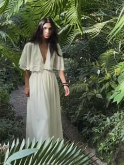 Elegant Short Sleeve Hollow Out Maxi Dresses Fashion Lace Patchwork Women Chiffon Dress 2026 Summer New Lady V Neck Long Robes
