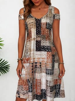 Women's Geometric Patchwork Print Cold Shoulder Dress, Summer Casual V Neck Short Sleeve Flowy Sundress