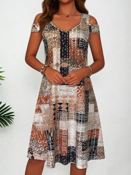 Women's Geometric Patchwork Print Cold Shoulder Dress, Summer Casual V Neck Short Sleeve Flowy Sundress