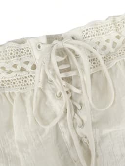 Women's Stylish Off-the-Shoulder, Waist-Cinched, Cropped, Lace-Paneled, Long-Sleeve Tie-Front Top: Casual and Elegant