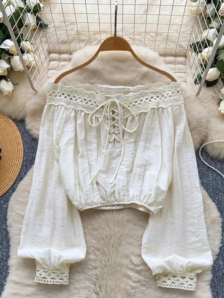 Women's Stylish Off-the-Shoulder, Waist-Cinched, Cropped, Lace-Paneled, Long-Sleeve Tie-Front Top: Casual and Elegant