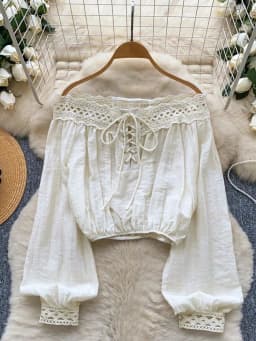 Women's Stylish Off-the-Shoulder, Waist-Cinched, Cropped, Lace-Paneled, Long-Sleeve Tie-Front Top: Casual and Elegant