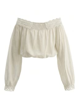 Women's Stylish Off-the-Shoulder, Waist-Cinched, Cropped, Lace-Paneled, Long-Sleeve Tie-Front Top: Casual and Elegant