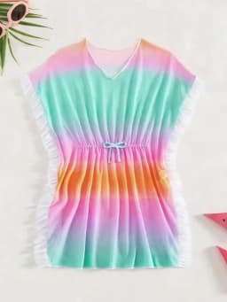 Tween Girls Ombre Ruffle Trim Knot Front Cover Up Teen Girls Bathing Suit Beach Cover Up Dress for Swimming For Beach And Pool