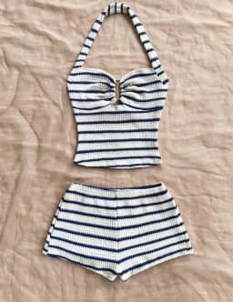 Summer Striped Halter-Neck Waffle Knit Suit - A Sexy Beach Outfit for Vacation Girls.
