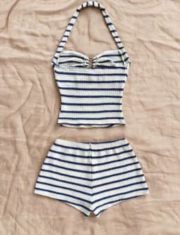 Summer Striped Halter-Neck Waffle Knit Suit - A Sexy Beach Outfit for Vacation Girls.