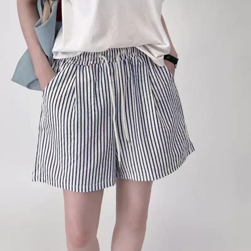 Stripes Shorts for Women Drawstring Thin Wide Leg A-line Breathable Bottoms Shorts High Waist Casual Vacation Beach Short Pants