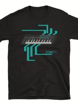 DX7 Synthesizer T-Shirt - Retro 80s music technology design featuring a Roland-style DX7 keyboard print loose and casual t-shirt