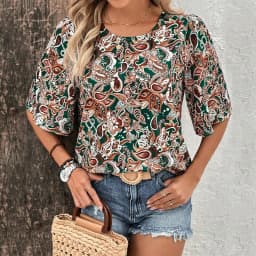 Plus Size Paisley print women's casual shirt short sleeved round neck fashionable and elegant loose top
