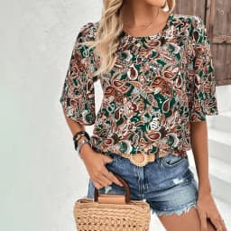 Plus Size Paisley print women's casual shirt short sleeved round neck fashionable and elegant loose top