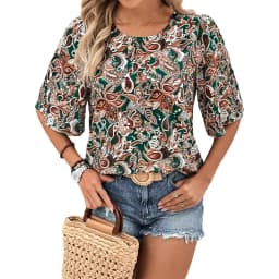 Plus Size Paisley print women's casual shirt short sleeved round neck fashionable and elegant loose top