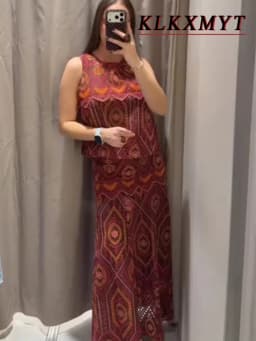 Woman Sexy Fashion Printed Embroidery Hollow Out Sleeveless Short Tops+Long Skirt Women Casual Spring Summer 2 Piece Set