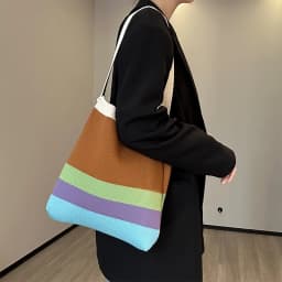 New Rainbow-Colored Knit Bag Korean-Style Simple and Versatile Striped Handbag Shoulder Tote Bag Large Capacity Women's Bag