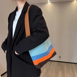 New Rainbow-Colored Knit Bag Korean-Style Simple and Versatile Striped Handbag Shoulder Tote Bag Large Capacity Women's Bag