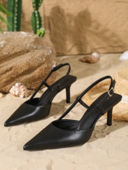 Women's Black Pointed Toe SlingbackHeels, Elegant Faux Leather Stiletto Pumpswith Adjustable Ankle Strap, ComfortableOffice Work