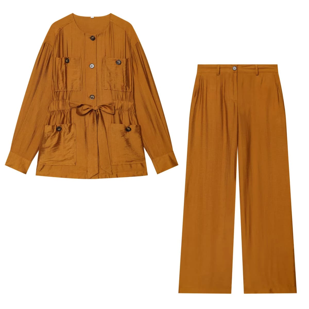2026 round neck long sleeved hunting suit jacket with waist belt featuring a split hem and hanging high waisted pants set