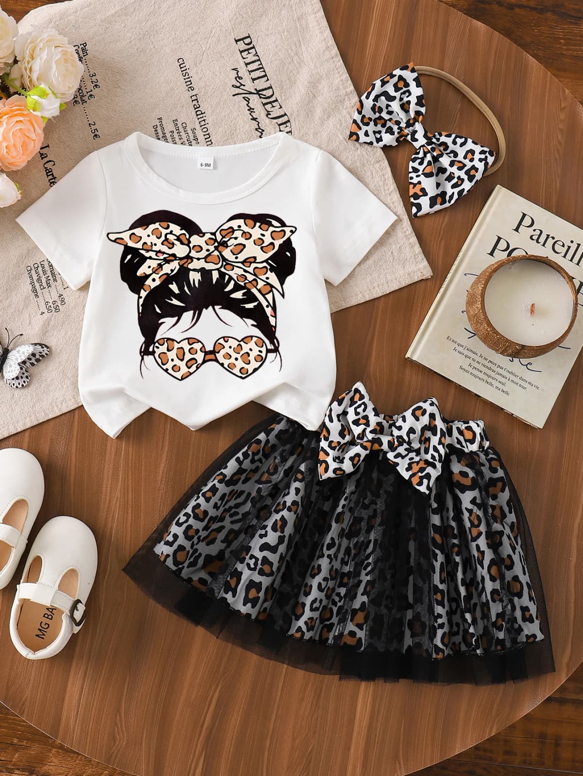 0-2yrs old newborn baby girl Leopard Glasses Ponytail Girl T-shirt Bowknot Leopard Skirts headband 3pcs Outfits Se