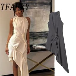 TFAFXY 2026 Summer Chic Sexy Club Women Dress Solid Pleated Vest Asymmetry Dress New Fashion Party Female Dress