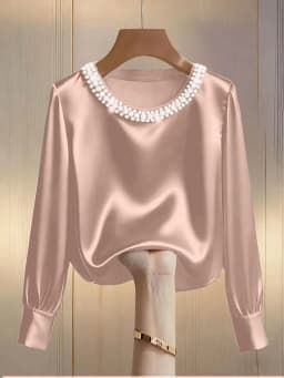 Spring and Summer French High-End Pearl Round Neck Satin Shirt Top