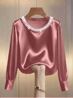 Spring and Summer French High-End Pearl Round Neck Satin Shirt Top