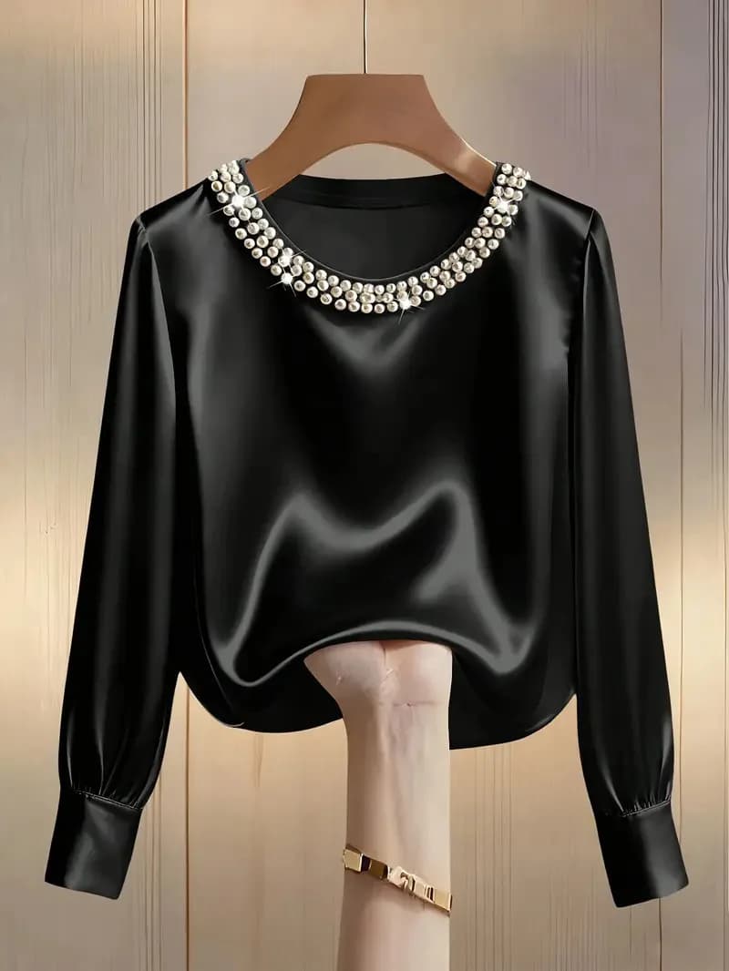 Spring and Summer French High-End Pearl Round Neck Satin Shirt Top