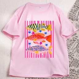 Preppy Fish Printed Tshirt Female Fishing T Shirt Summer Vacation Funny Beach T-shirt Casual Cotton Round Neck Woman Clothes