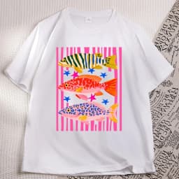 Preppy Fish Printed Tshirt Female Fishing T Shirt Summer Vacation Funny Beach T-shirt Casual Cotton Round Neck Woman Clothes