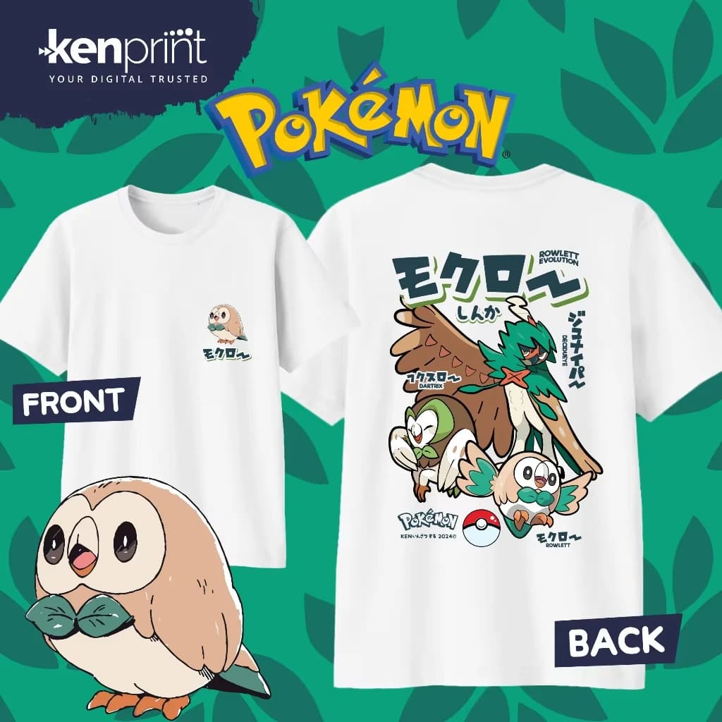 Bandai Pokémon Cartoon Rowlet Evolution 100% Cotton T-shirt Summer New Men/Women Fashionable Casual Harajuku Short Sleeved Top