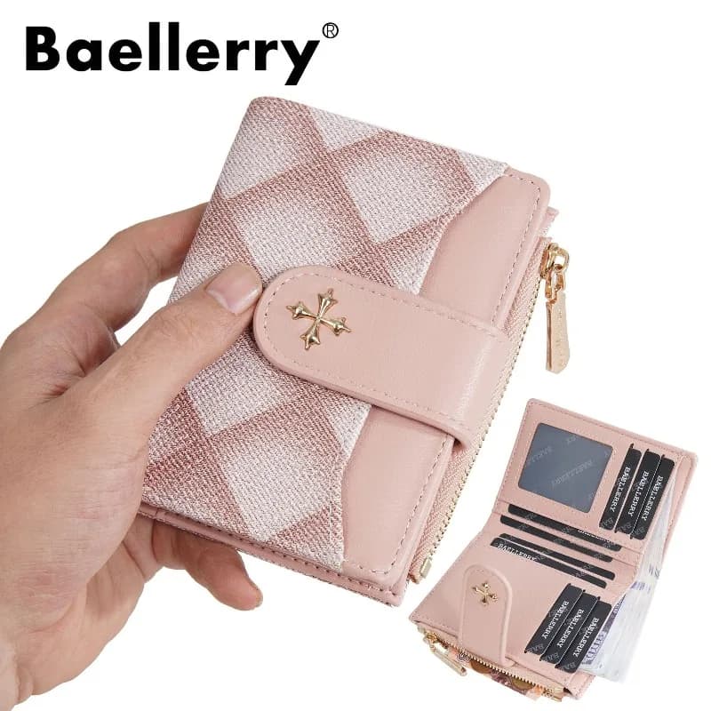 Baellerry Women's Diamond Patterned Checkered Short Wallet with Buckle Clasp Button Zipper Card Holder Ladies' Compact Organizer