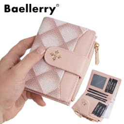 Baellerry Women's Diamond Patterned Checkered Short Wallet with Buckle Clasp Button Zipper Card Holder Ladies' Compact Organizer