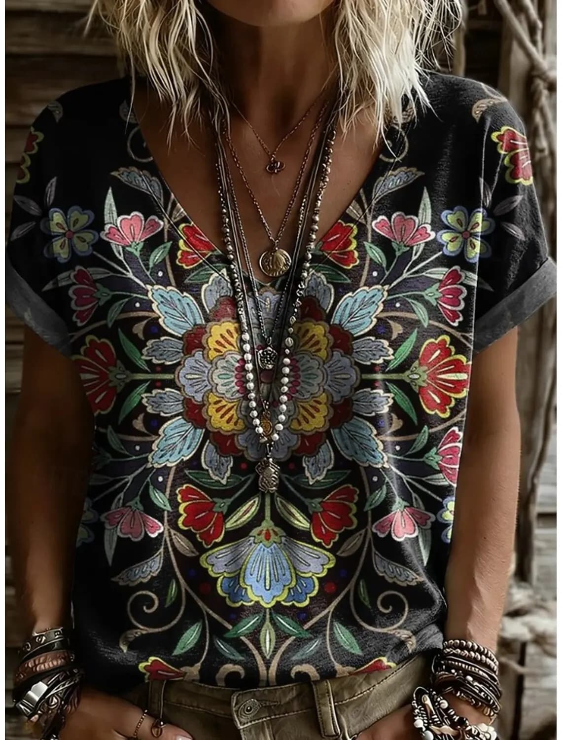 Women's Vintage Stylish V Neck Short Sleeve Long T-Shirt Floral Geometric Print Casual Daily Weekend Tops for Spring & Summer