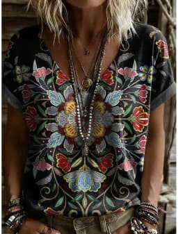 Women's Vintage Stylish V Neck Short Sleeve Long T-Shirt Floral Geometric Print Casual Daily Weekend Tops for Spring & Summer