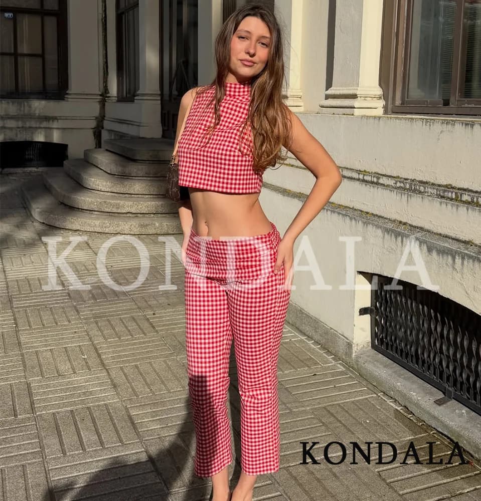 KONDALA Trendy Street Plaid Vest Set Women Chic Tank Top, Slim Capris Pants 2026 Spring Summer Fashion Holiday Casual Pants Set