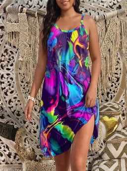 2026 Viral Summer Plus Size Tie Dye Beach Cover Up Dress Oversized Spaghetti Strap Colorful Abstract Print Flowy Sundress for Wo