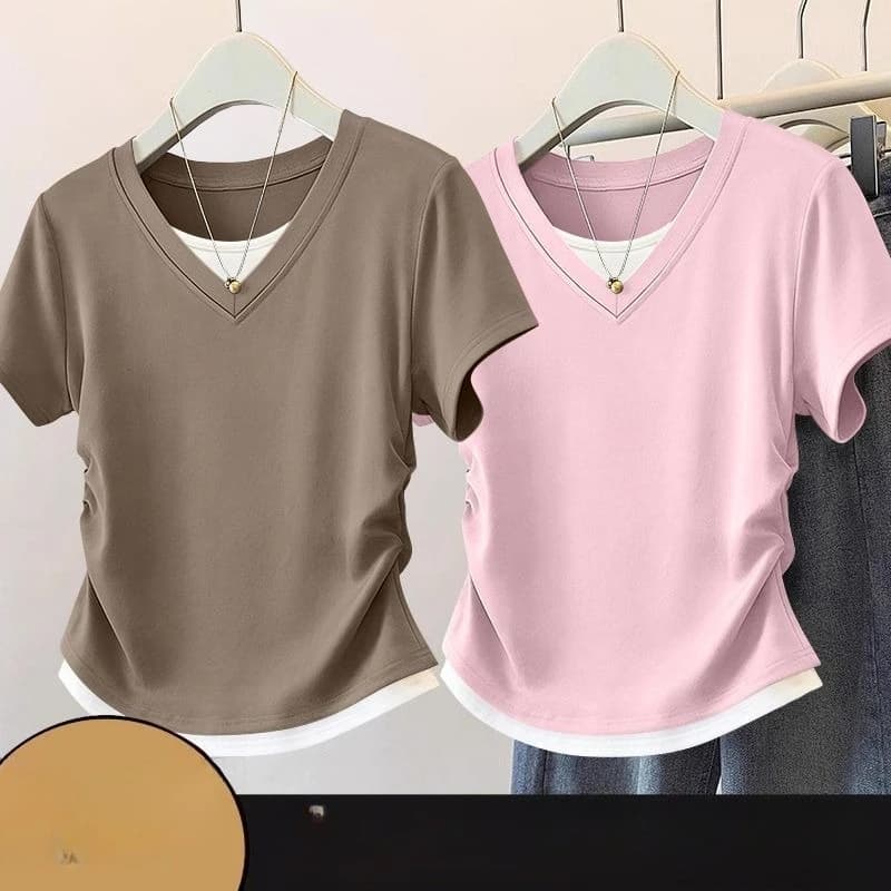 Women Summer Short Sleeved Top for Fashion Versatile Base Shirt Slim Fit Fake Two T-shirts Casual and Sexy Breathable and Cool