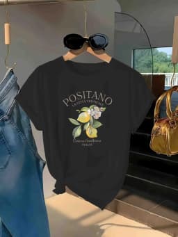 Lemon Letter Print T-shirt Short Sleeve Crew Neck Casual Top for Summer Women Kawaii Streetwear Graphic Tees Vintage Fruit Shirt