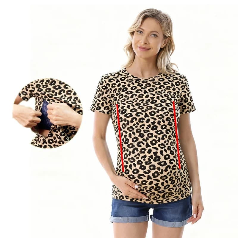 Plus Size Leopard Maternity Top Cotton Nursing T-Shirt Summer Pregnancy Breastfeeding Good Stretch Postpartum Women