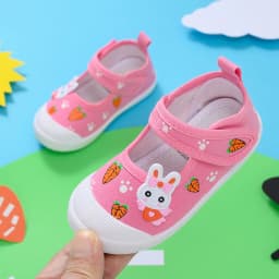 Cute Girls Canvas Shoes for Kindergarten Cartoon Rabbit with Carrots Little Kids Casual Shoes with Flowers Prints Non-slip Soft