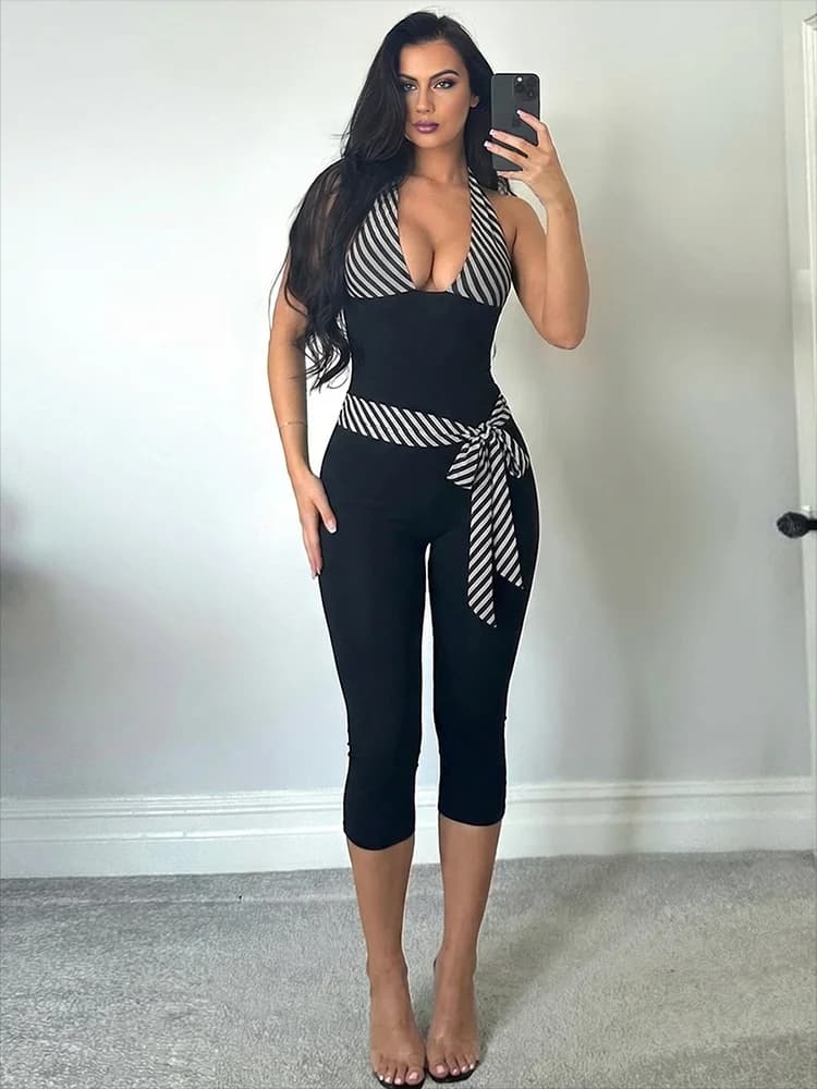 Kliou Stripes Patchwork Jumpsuits Woman Bandage Halter Low-Neck Backless Sleeveless Skinny Stretch Hot Girls Fashion Overalls