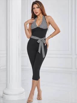 Kliou Stripes Patchwork Jumpsuits Woman Bandage Halter Low-Neck Backless Sleeveless Skinny Stretch Hot Girls Fashion Overalls
