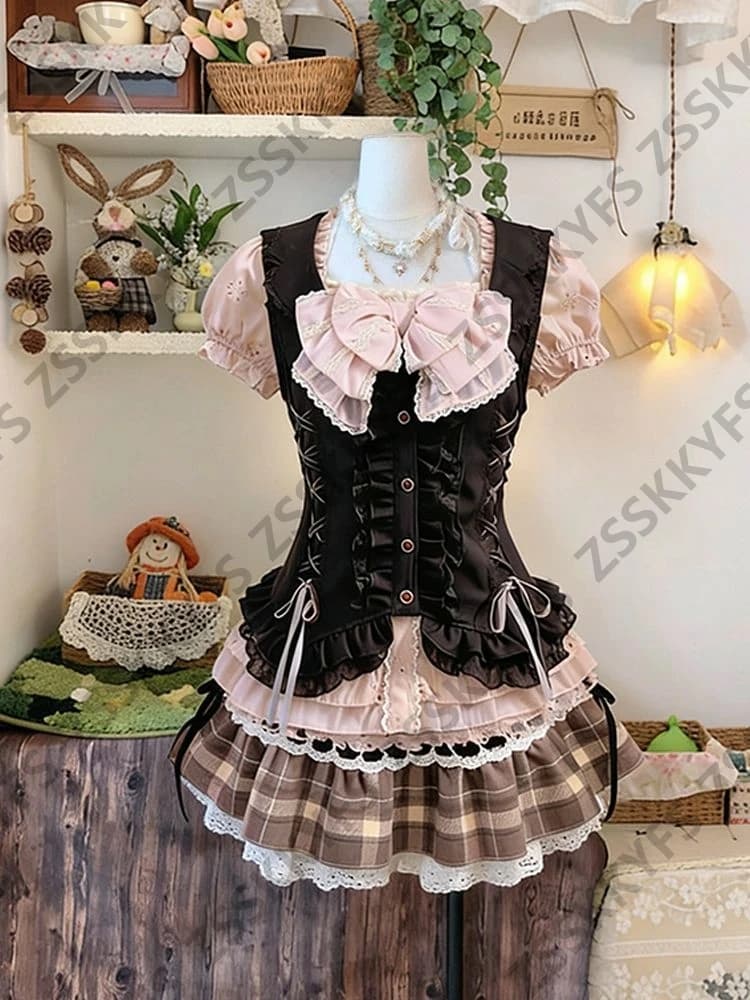 Summer Women's Casual Dresses Japan Sweet Fashion Y2k Lolita Dresses 3-Piece Set 2000s Clothes Vintage Vest Bow Sexy Skirt Party