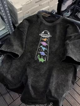 Vintage Washed UFO Dinosaurs Graphic T-Shirt Cute Colorful Cartoon Dino Space Print Soft Short Sleeve Unisex Casual Daily Top