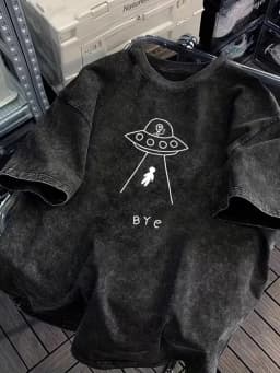 Vintage Washed UFO Dinosaurs Graphic T-Shirt Cute Colorful Cartoon Dino Space Print Soft Short Sleeve Unisex Casual Daily Top