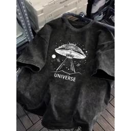 Vintage Washed UFO Dinosaurs Graphic T-Shirt Cute Colorful Cartoon Dino Space Print Soft Short Sleeve Unisex Casual Daily Top