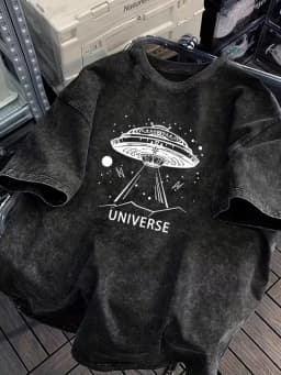 Vintage Washed UFO Dinosaurs Graphic T-Shirt Cute Colorful Cartoon Dino Space Print Soft Short Sleeve Unisex Casual Daily Top