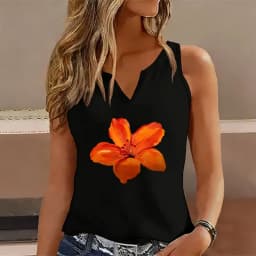 Vintage Flower Sleeveless Tank Top T-shirt V Neck Casual Floral Printed Vest T Shirts Women Tee Shirt V-Neck