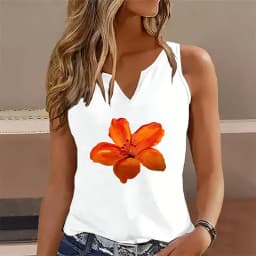 Vintage Flower Sleeveless Tank Top T-shirt V Neck Casual Floral Printed Vest T Shirts Women Tee Shirt V-Neck